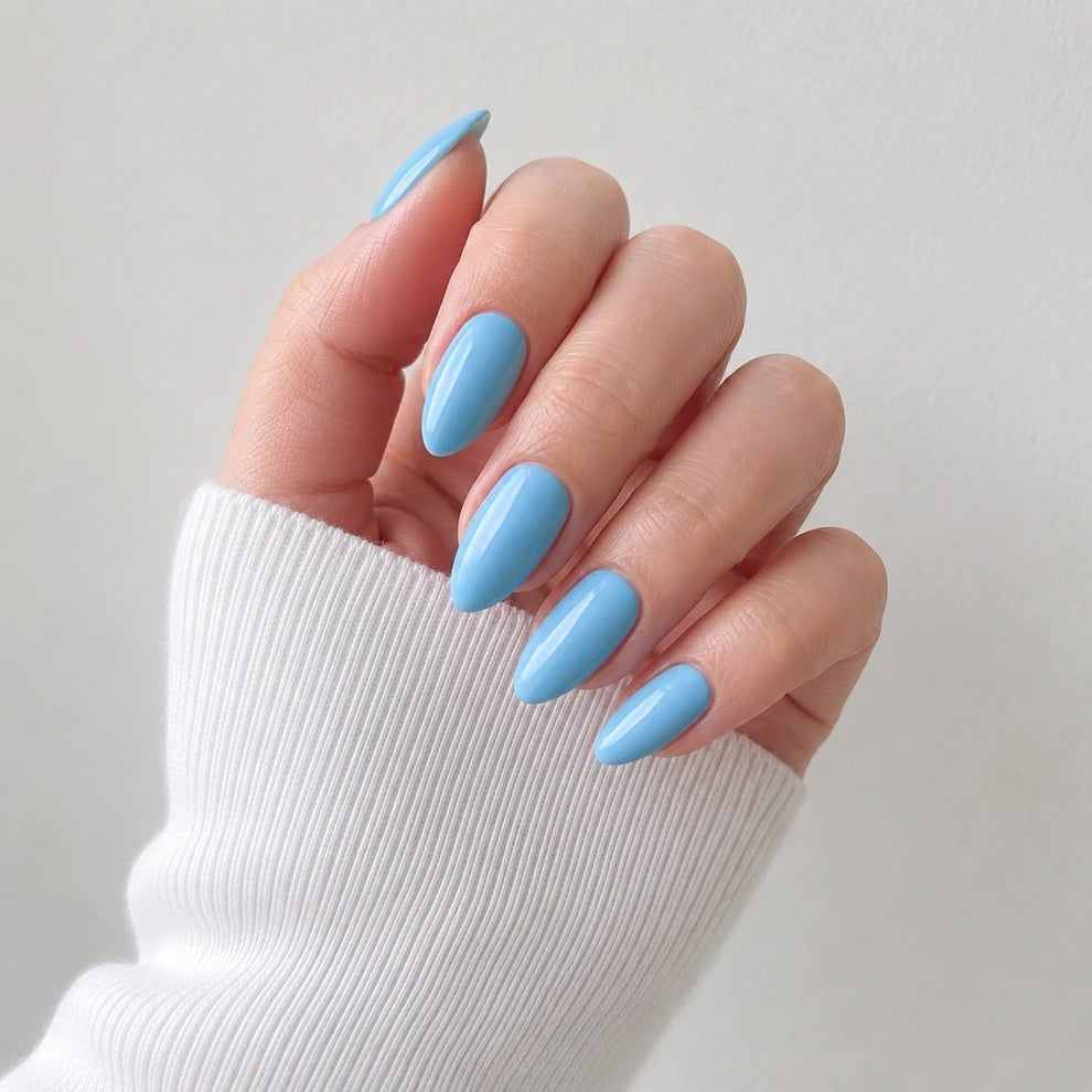 Vibrant Sky Blue Glossy Medium Almond Nails — Cute Medium Nails