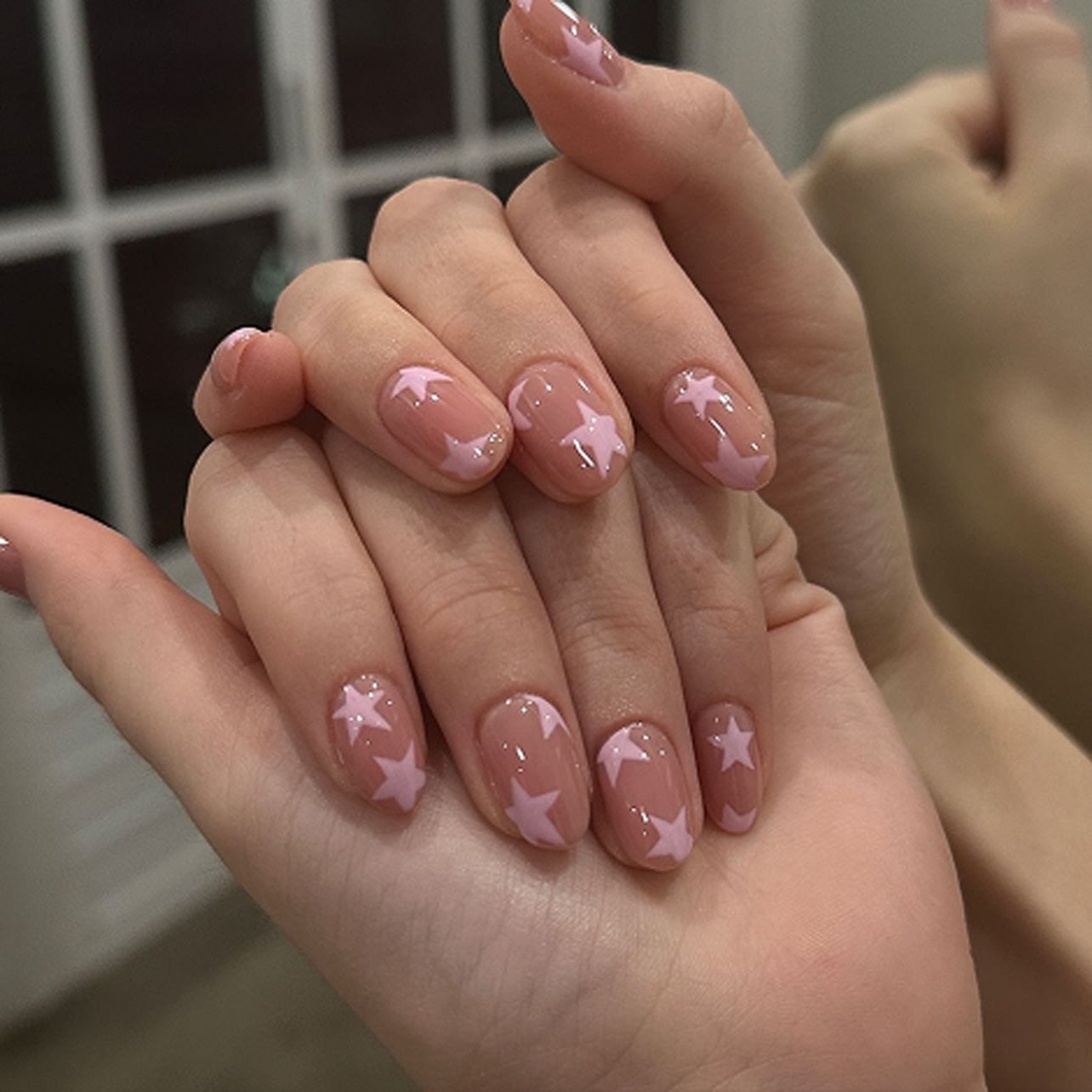 Sheer Pink Medium Oval with Pink Star Decals — Cute Medium Nails