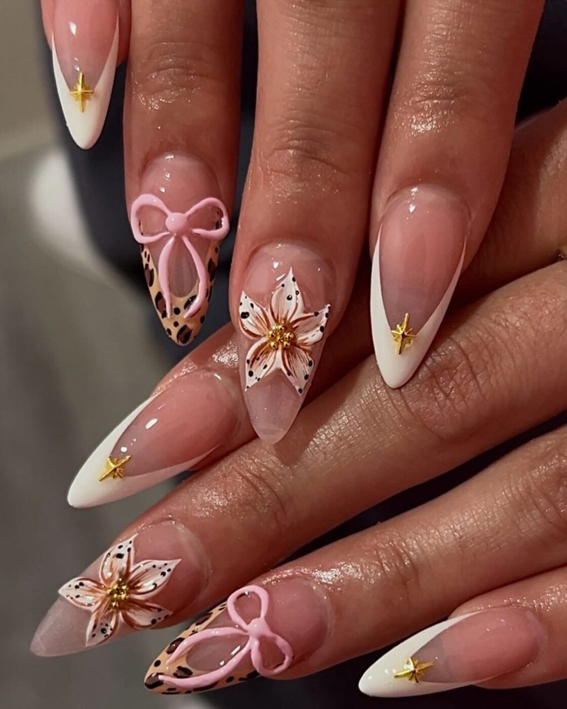 Nude Pink Medium Almond with 3D Flowers and Leopard — Cute Medium Nails