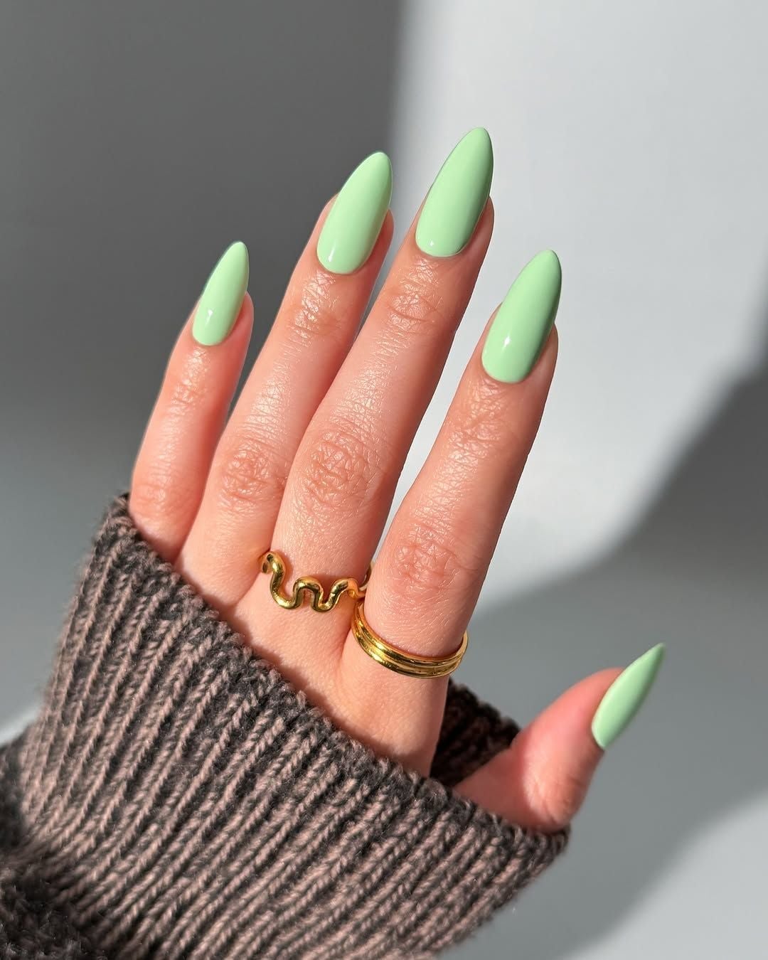 Vibrant Mint Green Glossy Medium Almond Nails — Cute Medium Nails