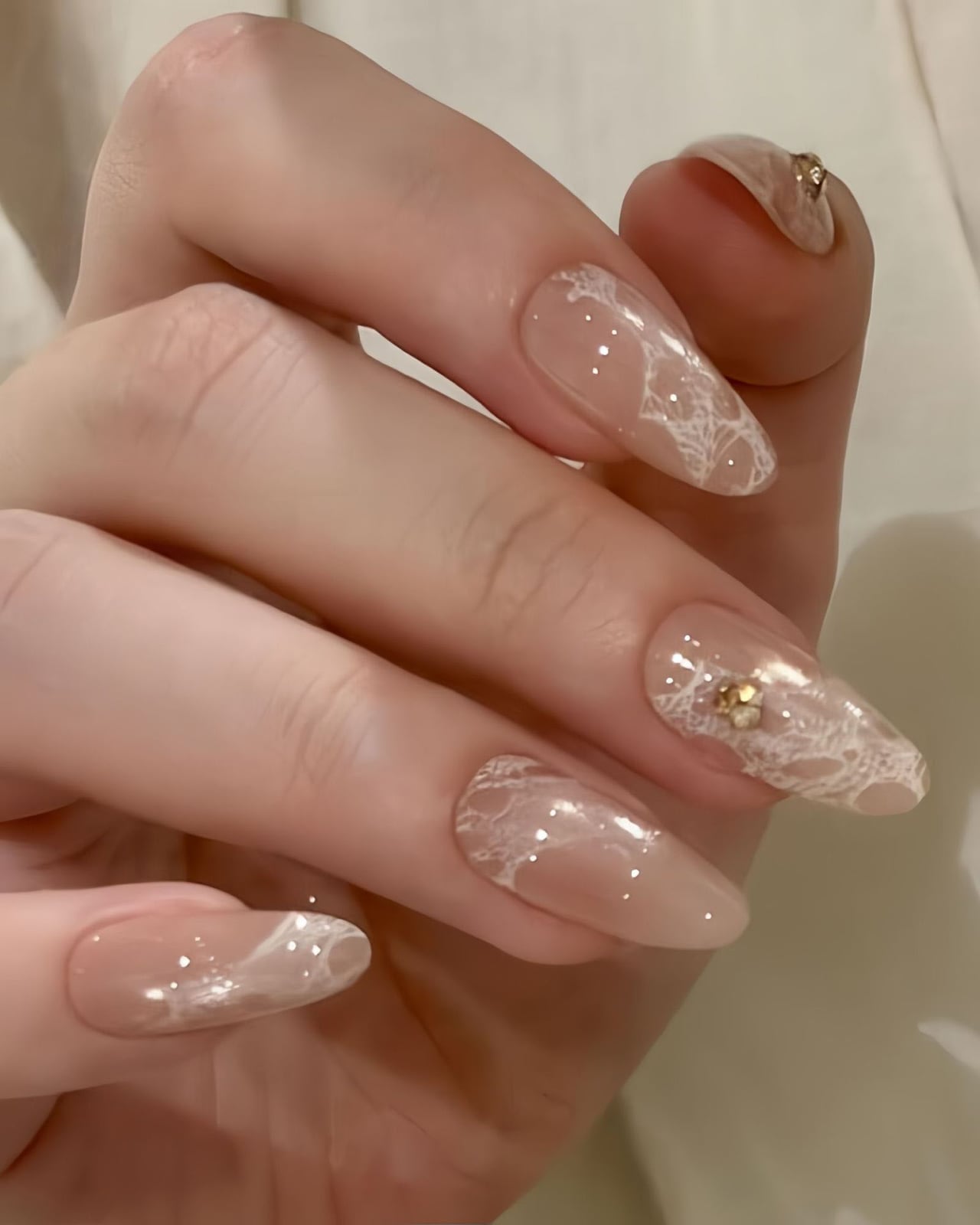 Nude Cat-Eye Medium Almond with Lace Design — Cute Medium Nails