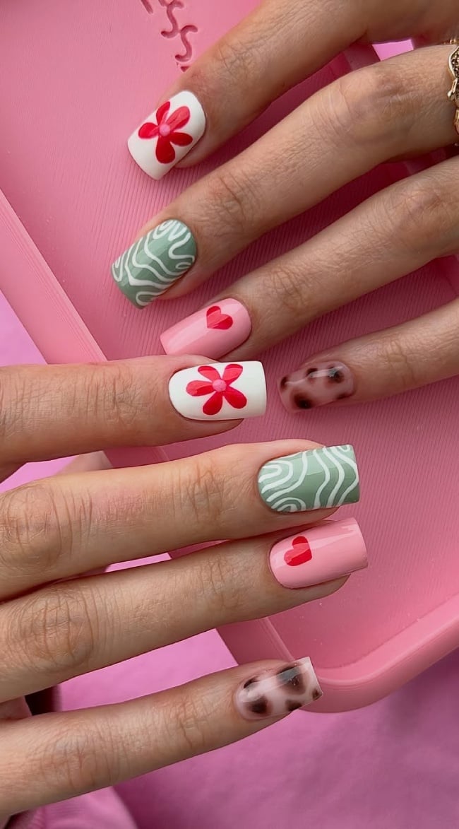 Mixed Motif Medium Square Nails — Cute Medium Nails