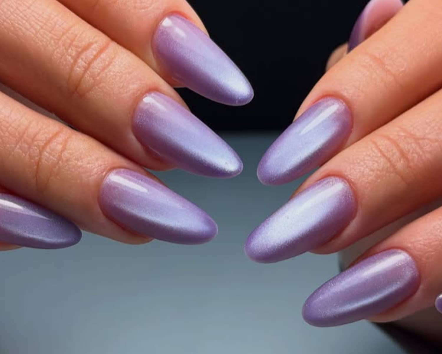 Lilac Blue Pearlescent Shimmer Medium Almond Nails — Cute Medium Nails