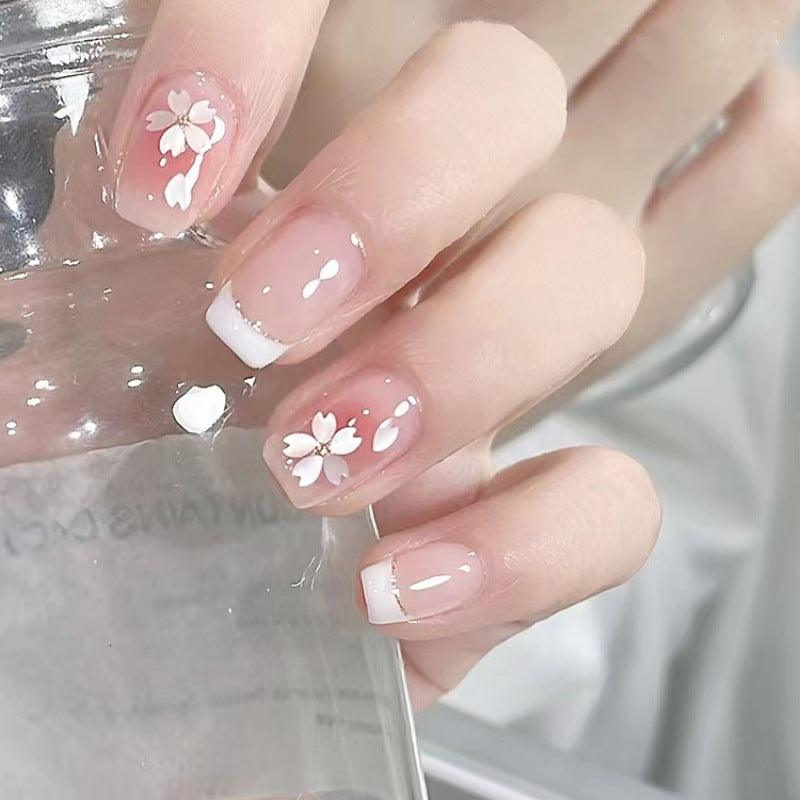 Sheer Pink Medium Square with Floral French Tips — Cute Medium Nails