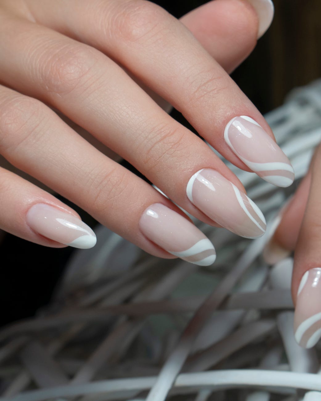 Sheer Nude Medium Almond with Wavy French Tips — Cute Medium Nails