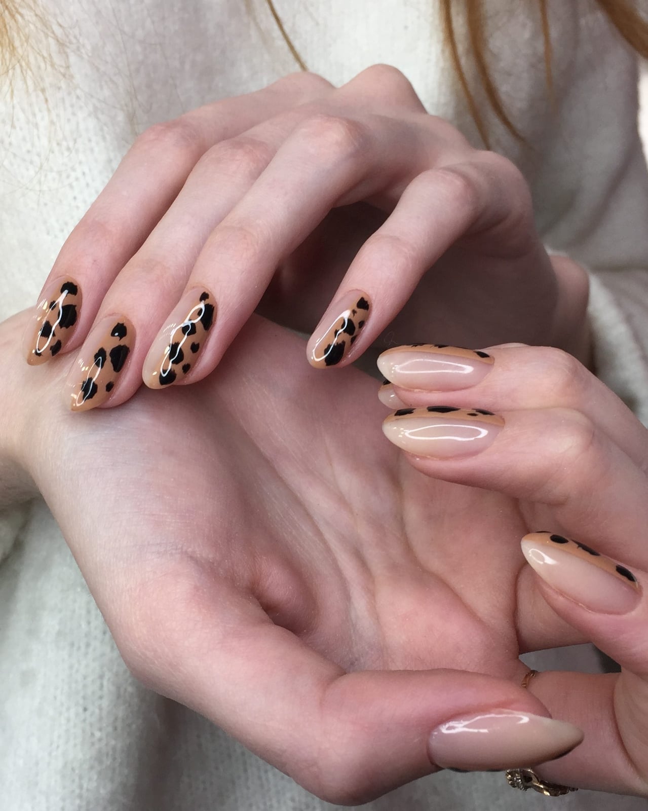 Nude Medium Almond with Black Leopard Print — Cute Medium Nails