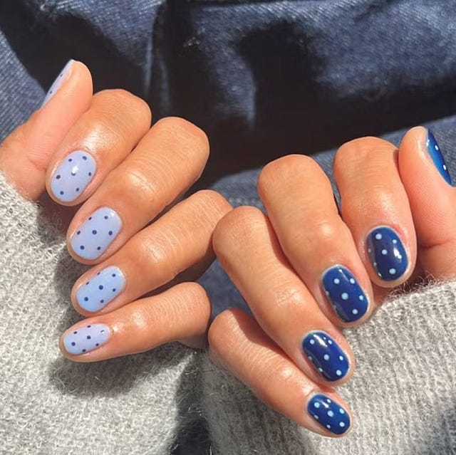 Short Oval Blue and Navy Polka Dot Nails — Cute Medium Nails