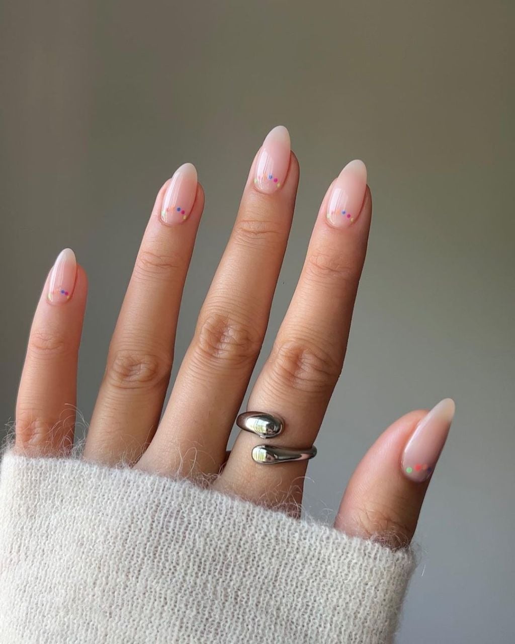 Nude Medium Almond with Colorful Dot Accents — Cute Medium Nails