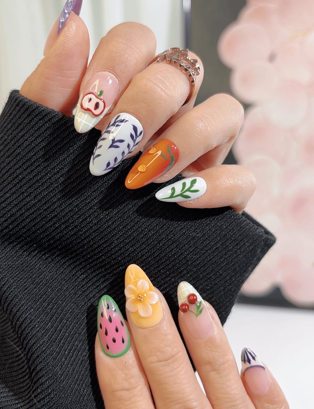 Medium Almond with Cute Fruit and 3D Flower Designs — Cute Medium Nails