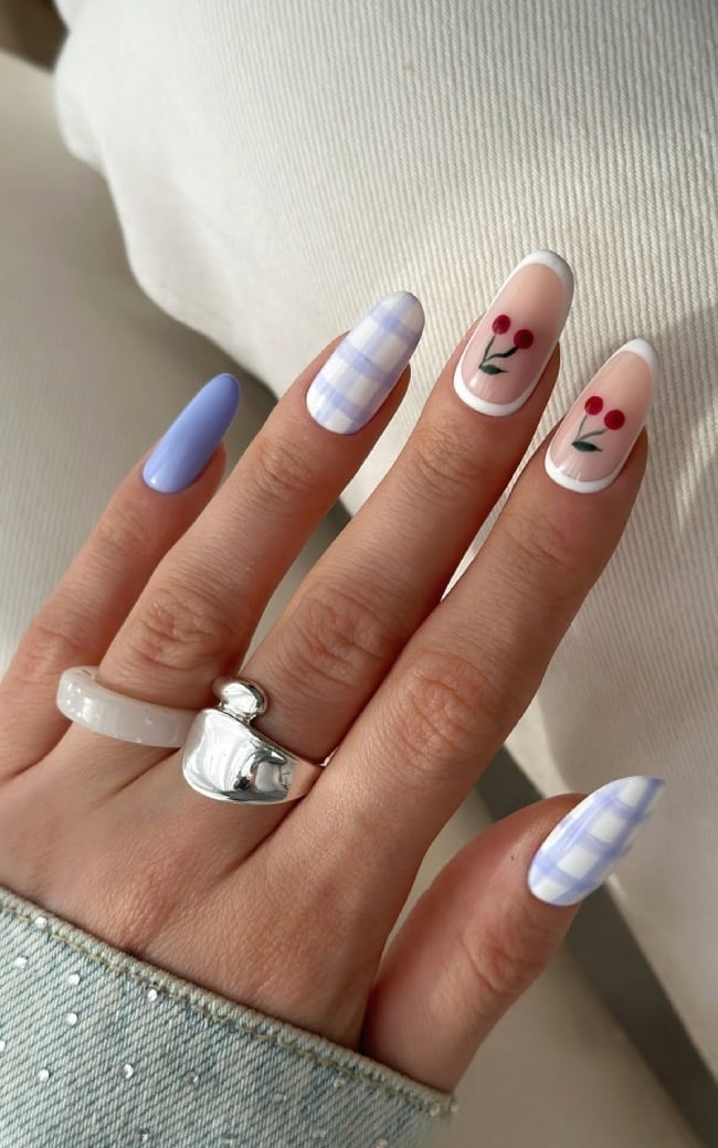 Gingham and Cherry French Medium Almond Nails — Cute Medium Nails