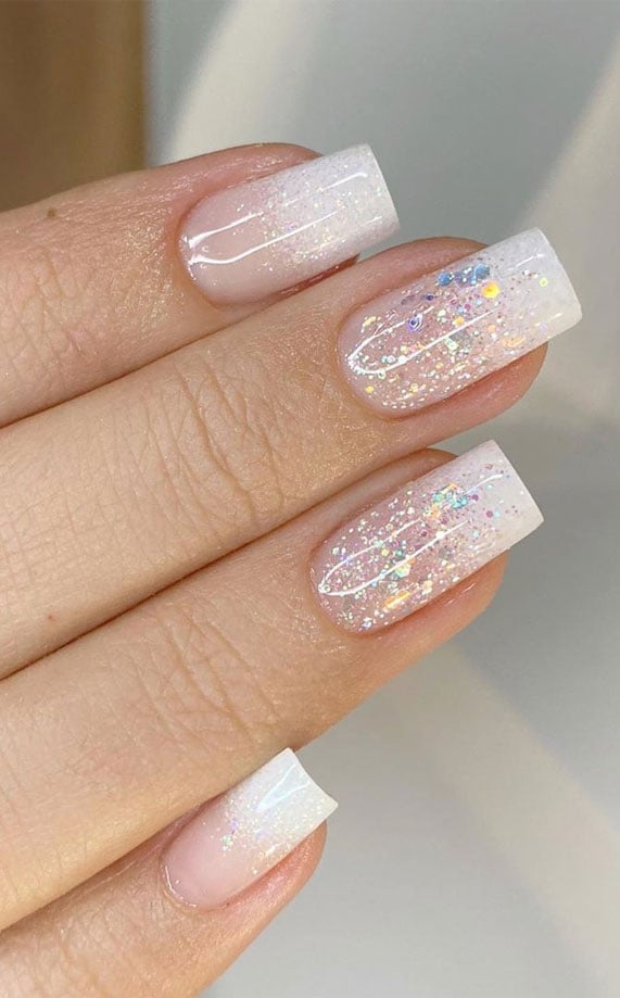 Sheer Nude Medium Square with Glitter Gradient — Cute Medium Nails