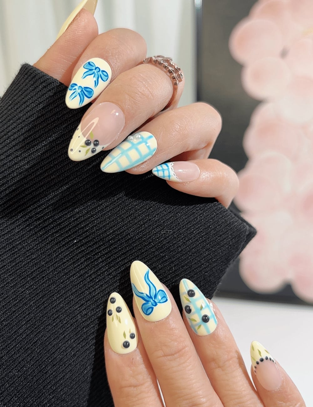 Yellow Medium Almond with Blue Bows and Gingham — Cute Medium Nails
