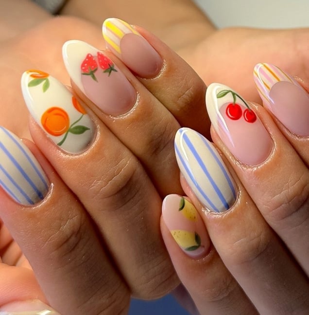 Nude Pink Medium Oval with Fruit Illustrations — Cute Medium Nails