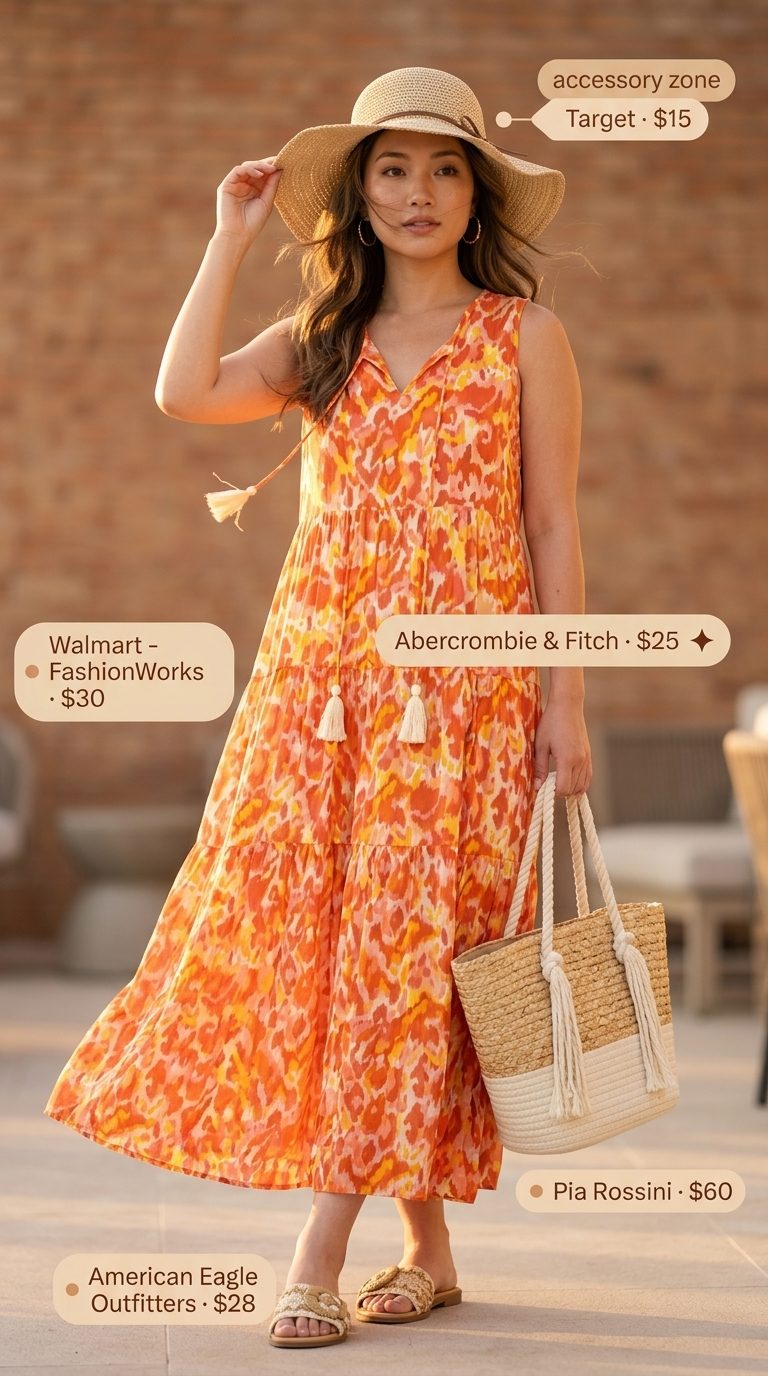 Bohemian Beach: Modest Summer Outfits 2026 Cute modest summer outfits for women 2026: Terracotta floral maxi dress with straw hat & tote for beach day.