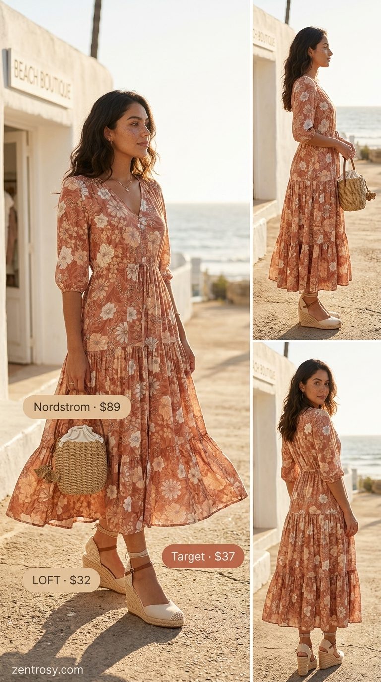Beach Bliss: Modest Summer Outfits 2026 Cute modest summer outfits for women 2026: Soft lavender floral maxi dress with espadrilles & straw bag for beach.