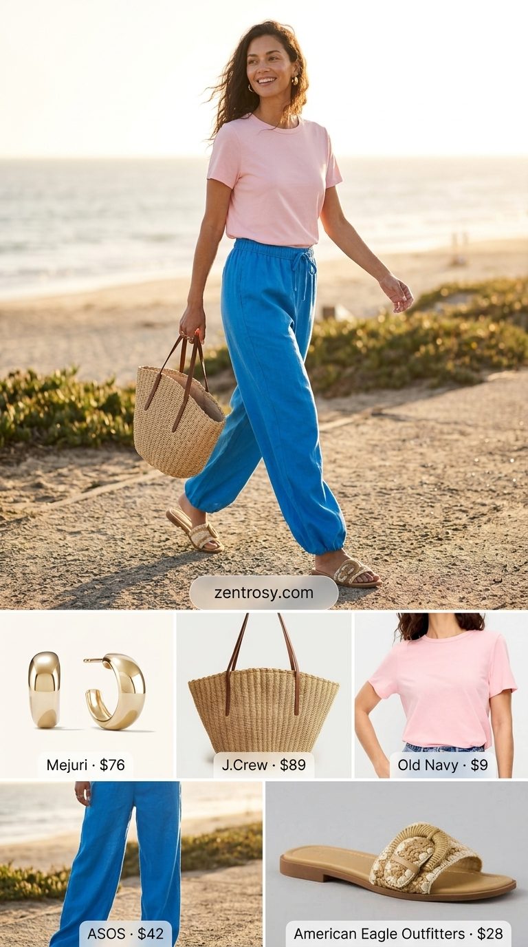 Azure Coastline: Modest Summer Outfits 2026 Cute modest summer outfits for women 2026: Bright blue linen pants with white tee & straw tote for beach vacation.