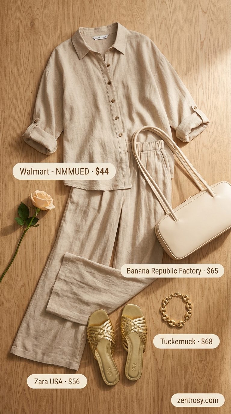 Monochrome Modesty Outfits 2026 Cute modest summer outfits for women 2026: Monochromatic beige matching set, gold accessories, and strappy flats for an event.