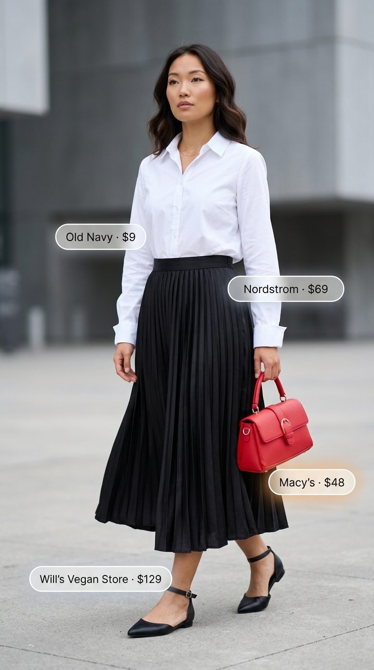 Casual Art Gallery Outfits 2026 Cute modest summer outfits for women 2026: White tee, black pleated midi skirt, red bag, and ballet flats for art gallery.