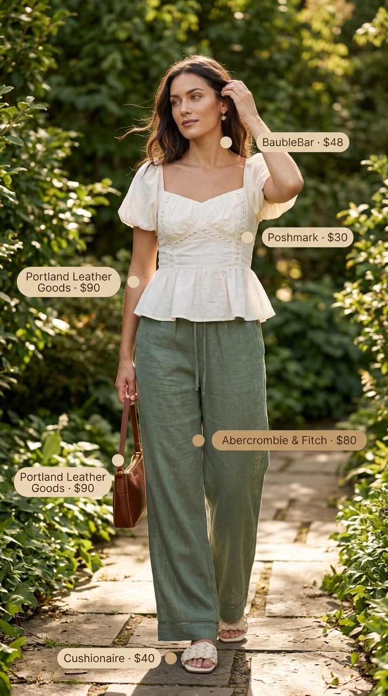 Garden Brunch: Modest Summer Outfits 2026 Cute modest summer outfits for women 2026: Sage green linen trousers with cream puff-sleeve blouse for brunch.
