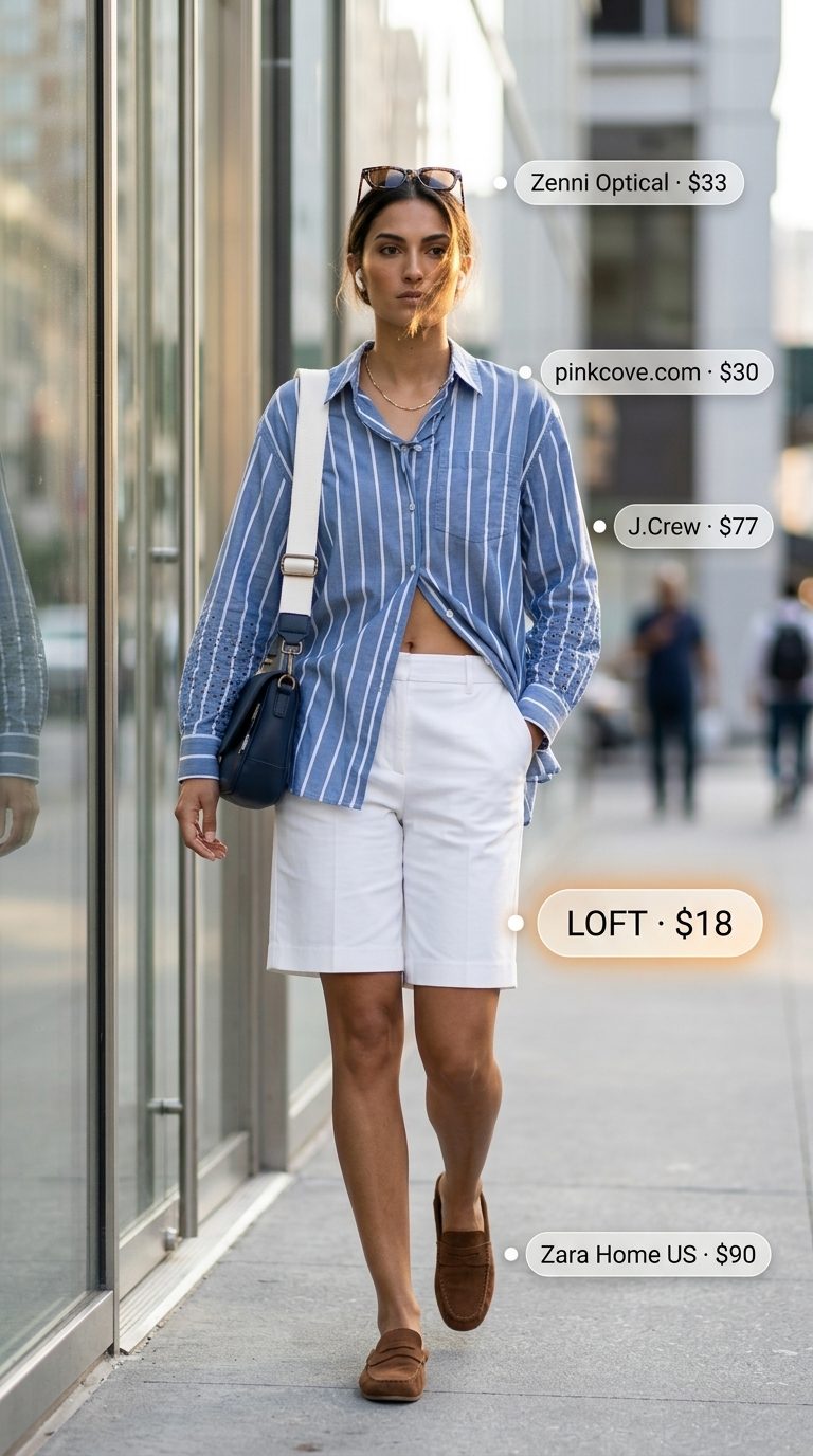 City Chic: Modest Summer Outfits 2026 Cute modest summer outfits for women 2026: Striped button-down with tailored bermuda shorts & loafer mules for city.