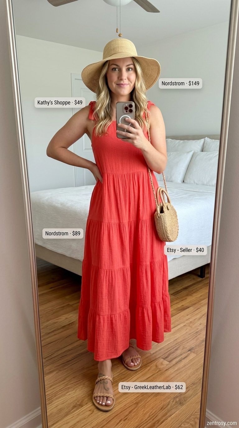 Cute Modest Summer Outfits 2026: Vacation Maxi Dress Cute modest summer outfits for women 2026: Coral maxi dress, straw hat, gold jewelry for vacation resort wear.