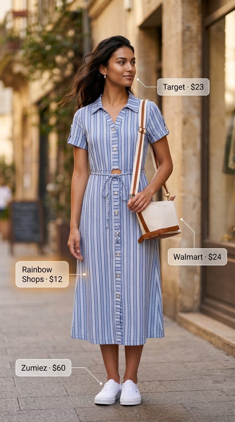 Summer Day Out: Modest Outfits 2026 Cute modest summer outfits for women 2026: Sky blue pinstripe shirt dress with white sneakers for day out.