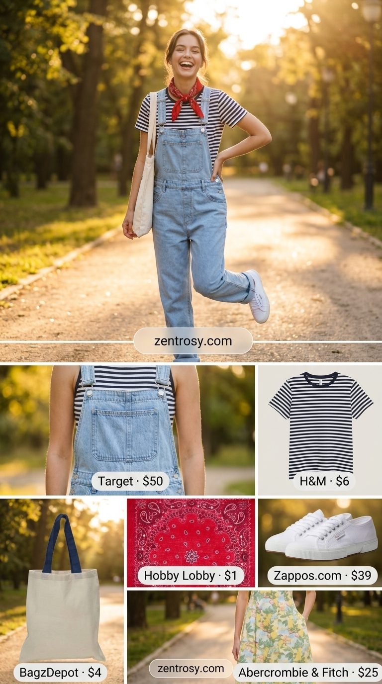 Park Day Outfits 2026 Cute modest summer outfits for women 2026: Denim overalls, striped tee, red bandana, and sneakers for a park day.