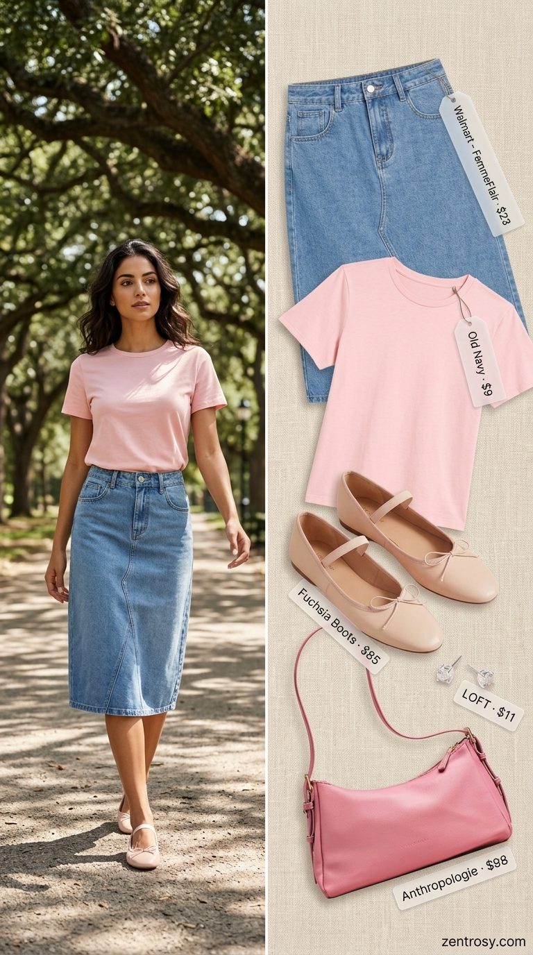 Denim Chic Outfits 2026 Cute modest summer outfits for women 2026: Denim A-line skirt, white tee, blush pink flats, and small shoulder bag.