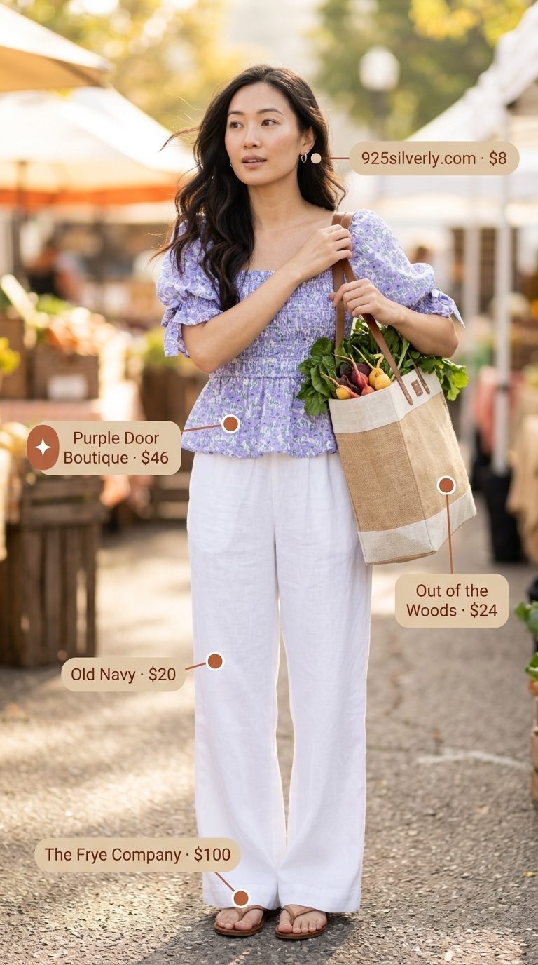 Farmers Market Style: Modest Summer Outfits 2026 Cute modest summer outfits for women 2026: Lavender peplum top with linen trousers & market tote for farmers market.