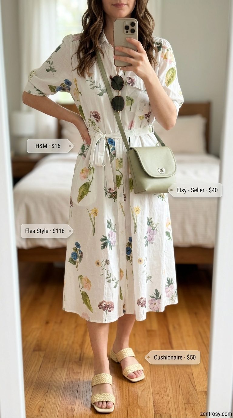 Cute Modest Summer Outfits 2026: Floral Garden Party Cute modest summer outfits for women 2026: Floral shirtdress, espadrilles, sage green bag for garden party.