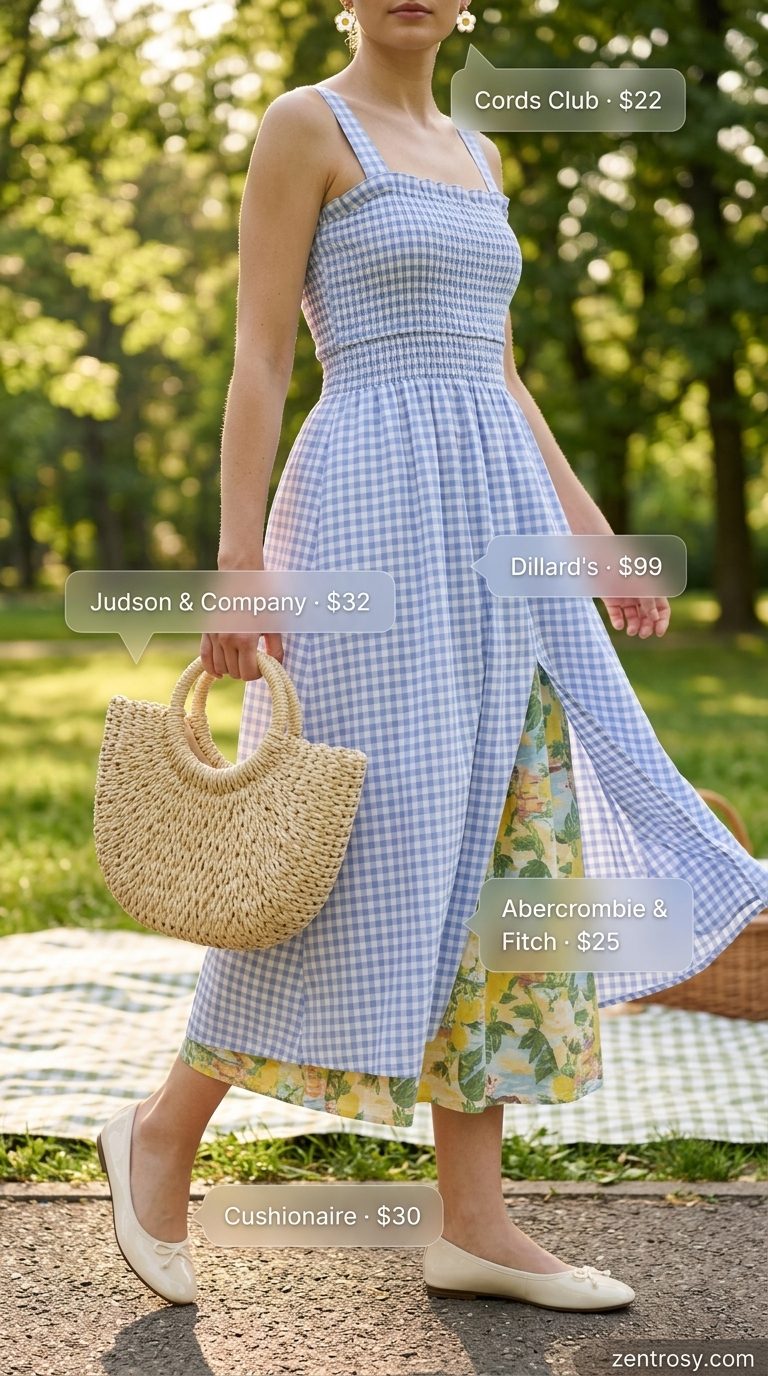 Cute Modest Summer Outfits 2026: Picnic Perfect Dress Cute modest summer outfits for women 2026: Light blue gingham midi dress, straw tote, ballet flats for picnic.