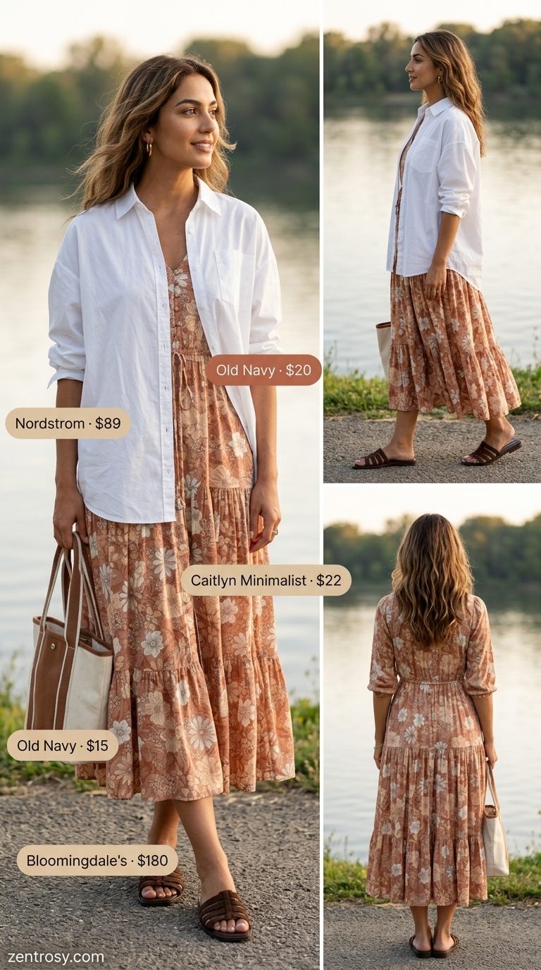 Lakeside Leisure: Modest Summer Outfits 2026 Cute modest summer outfits for women 2026: Oversized white shirt with khaki linen shorts & slide sandals for lakeside.