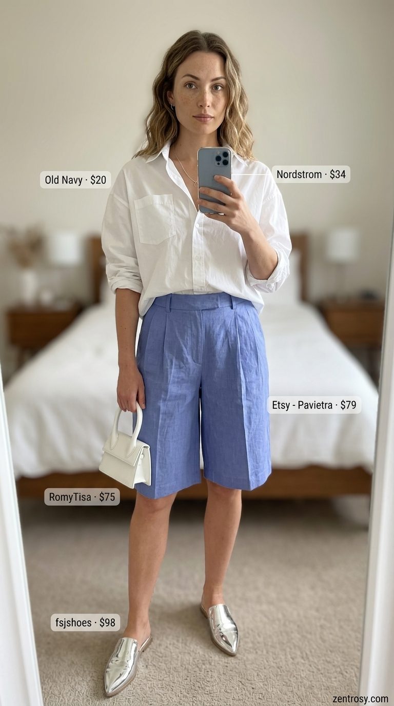 Cute Modest Summer Outfits 2026: Polished Lunch Look Cute modest summer outfits for women 2026: Lavender Bermuda shorts, white oversized shirt, silver flats for lunch.