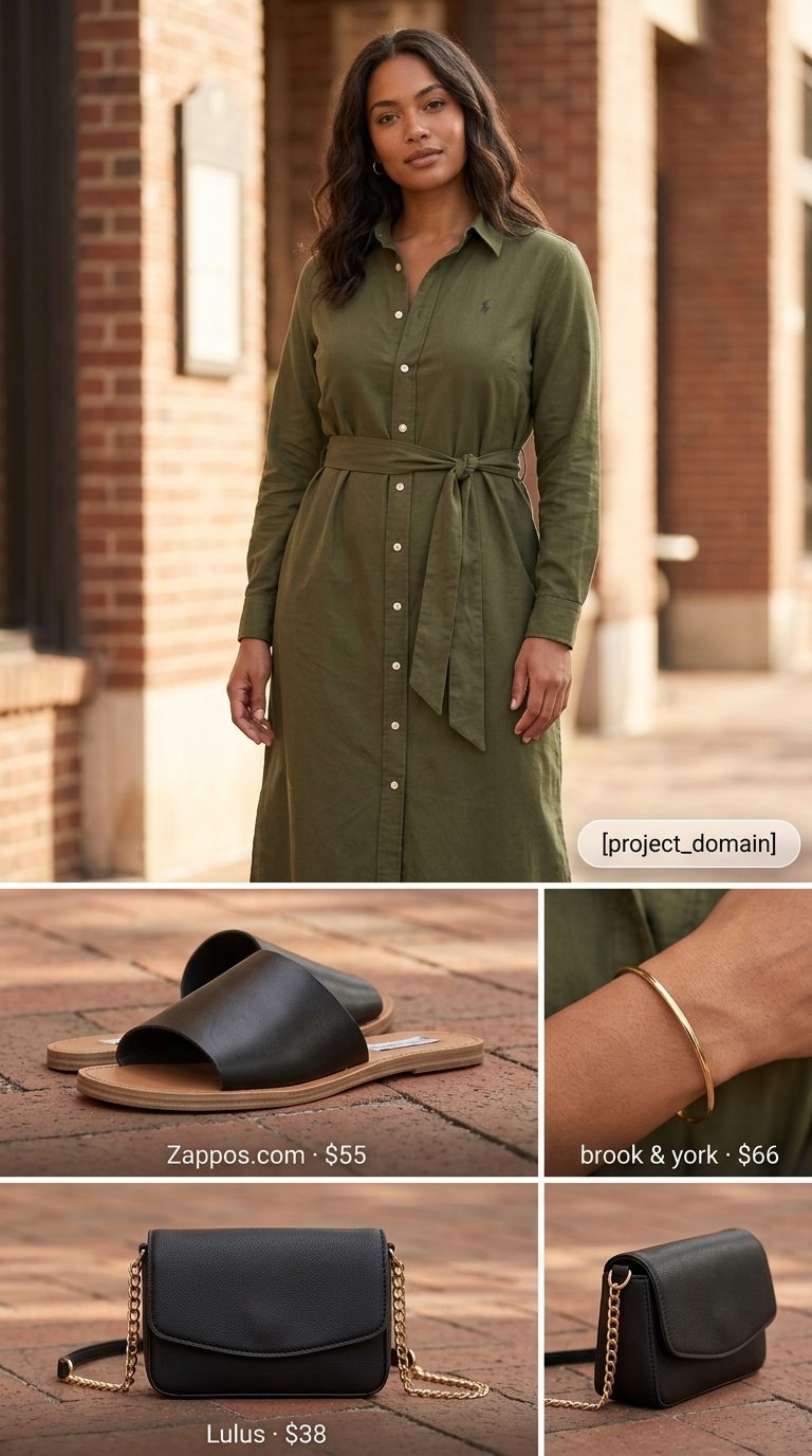 Cute Modest Summer Outfits 2026: Effortless Cafe Style Cute modest summer outfits for women 2026: Olive green linen shirt dress, black sandals, gold bangle for cafe.