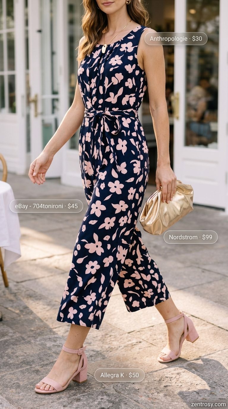 Cute Modest Summer Outfits 2026: Elegant Garden Jumpsuit Cute modest summer outfits for women 2026: Navy floral jumpsuit, blush sandals, gold necklace for garden party.