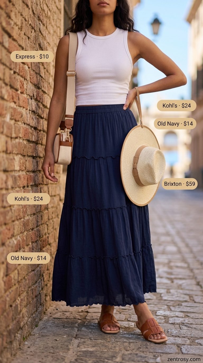 Coastal City Explorer Outfits 2026 Cute modest summer outfits for women 2026: Navy blue maxi skirt, white tank, tan slides, and straw hat for city exploration.