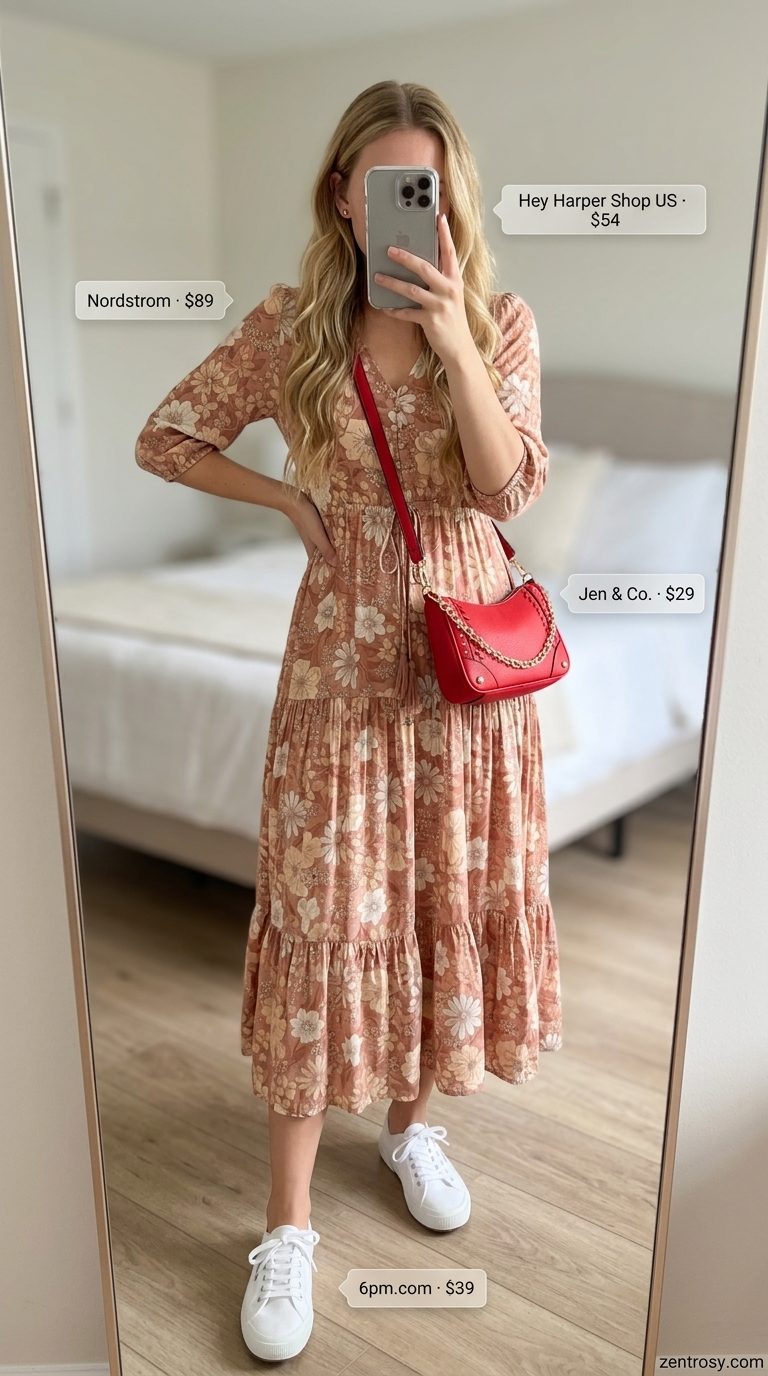 Nautical Jumpsuit Outfits 2026 Cute modest summer outfits for women 2026: Navy and white stripe wide-leg jumpsuit, white sneakers, and red crossbody bag.