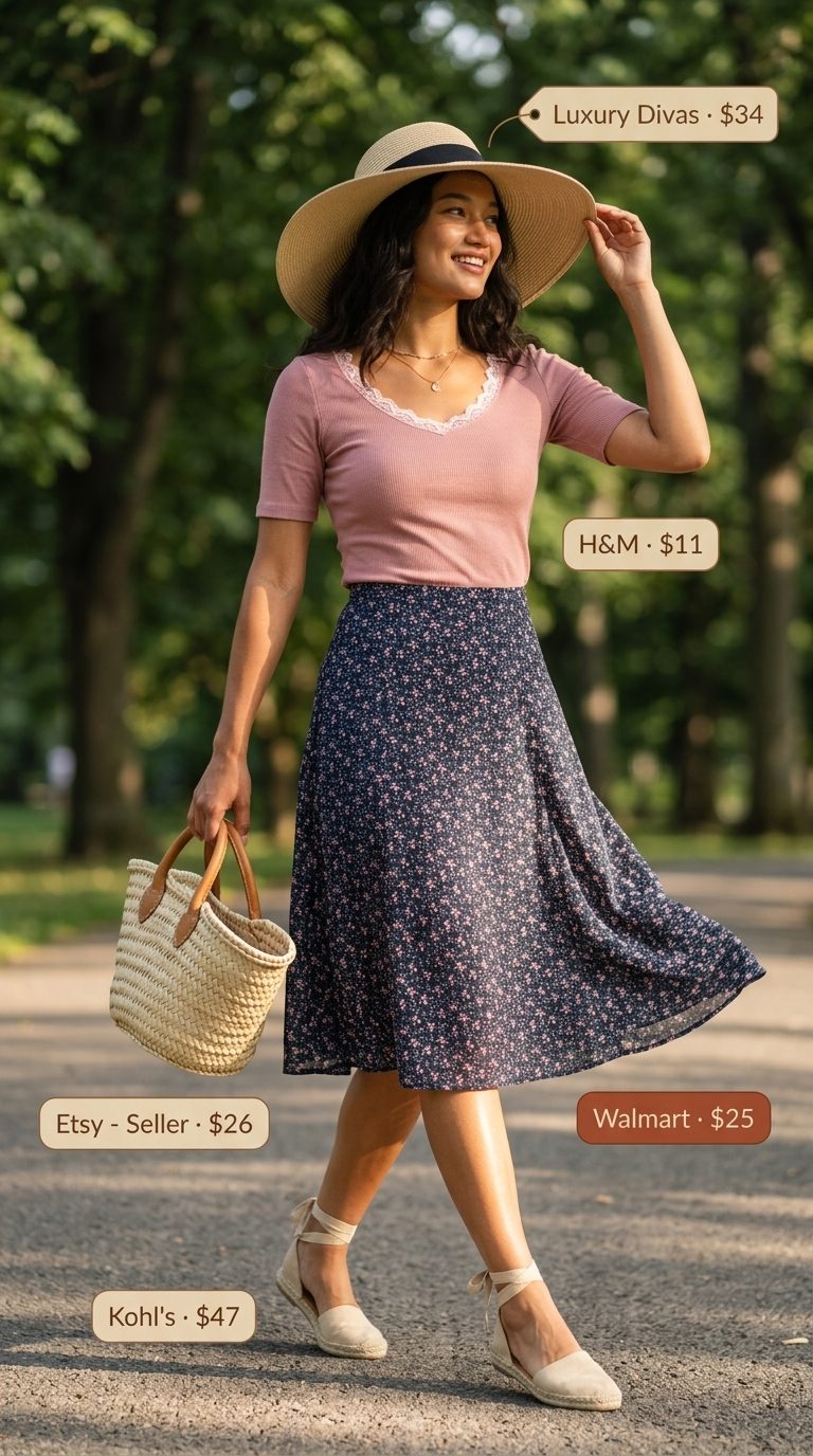 Picnic Perfect: Modest Summer Outfits 2026 Cute modest summer outfits for women 2026: Navy floral midi skirt with pink knit top, straw hat & espadrilles for a picnic.