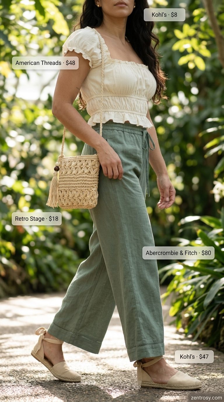 Cute Modest Summer Outfits 2026: Garden Brunch Style Cute modest summer outfits for women 2026: Sage green linen pants, cream puff-sleeve top, straw bag for garden brunch.