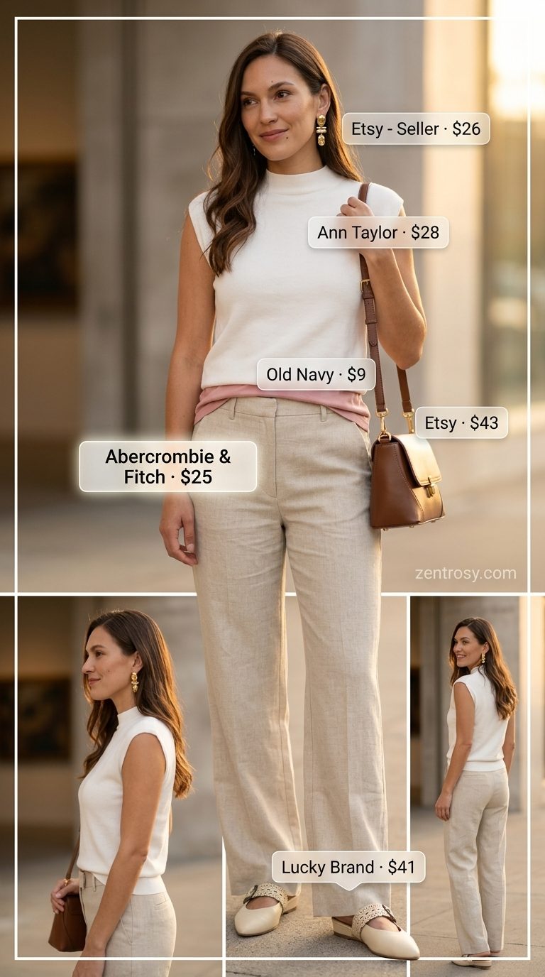 Art Gallery Opening Outfits 2026 Cute modest summer outfits for women 2026: Terracotta linen trousers, ivory knit top, gold earrings, and nude mules for an art event.