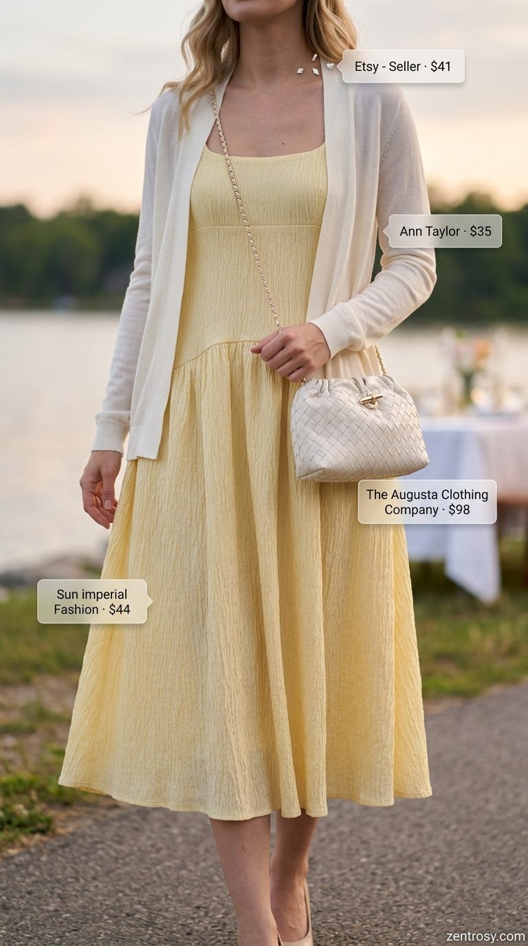 Cute Modest Summer Outfits 2026: Lakeside Dinner Dress Cute modest summer outfits for women 2026: Pale yellow midi dress, cream cardigan, silver sandals for lakeside dinner.