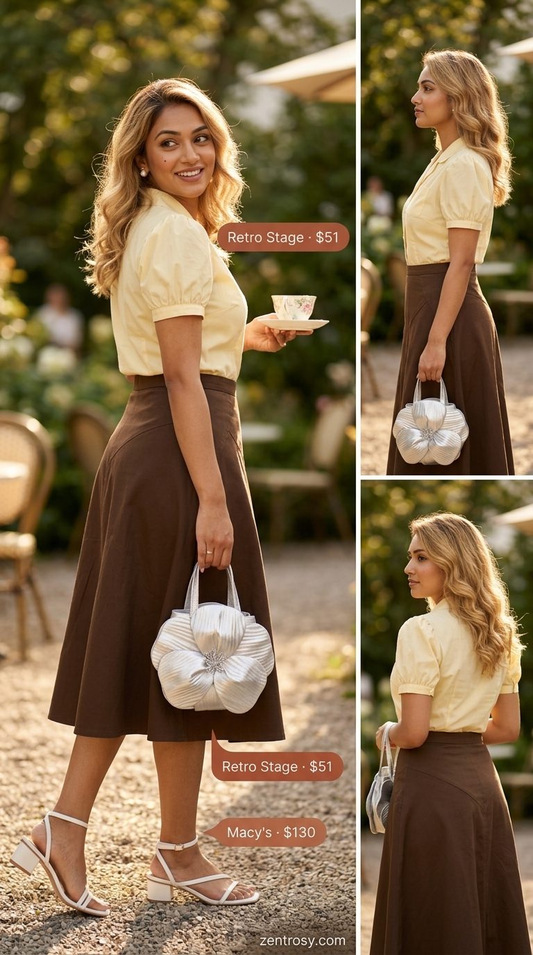 Cute Modest Summer Outfits 2026: Whimsical Tea Party Cute modest summer outfits for women 2026: Yellow eyelet set, white sandals, pearl earrings for tea party.