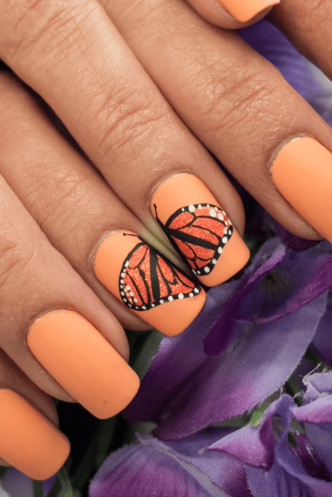 Medium Square Matte Orange Butterfly Nails — Cute Nail Art Inspo