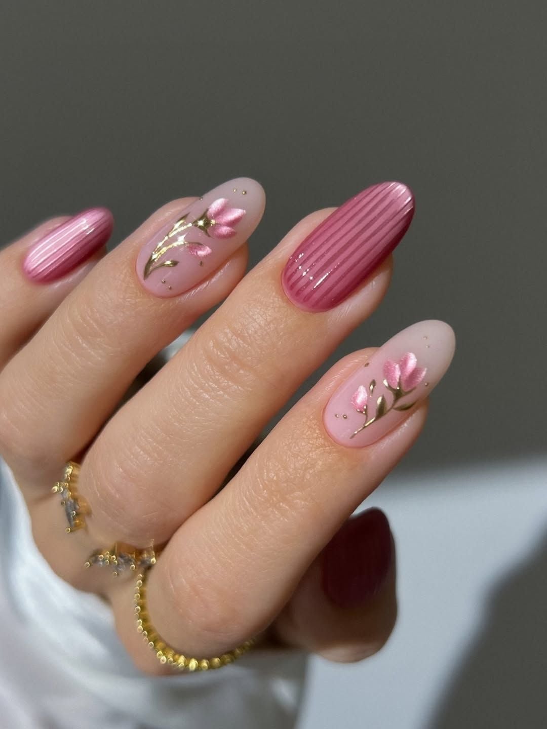 Medium Oval Nude Floral Ribbed Nails — Cute Nail Art Inspo