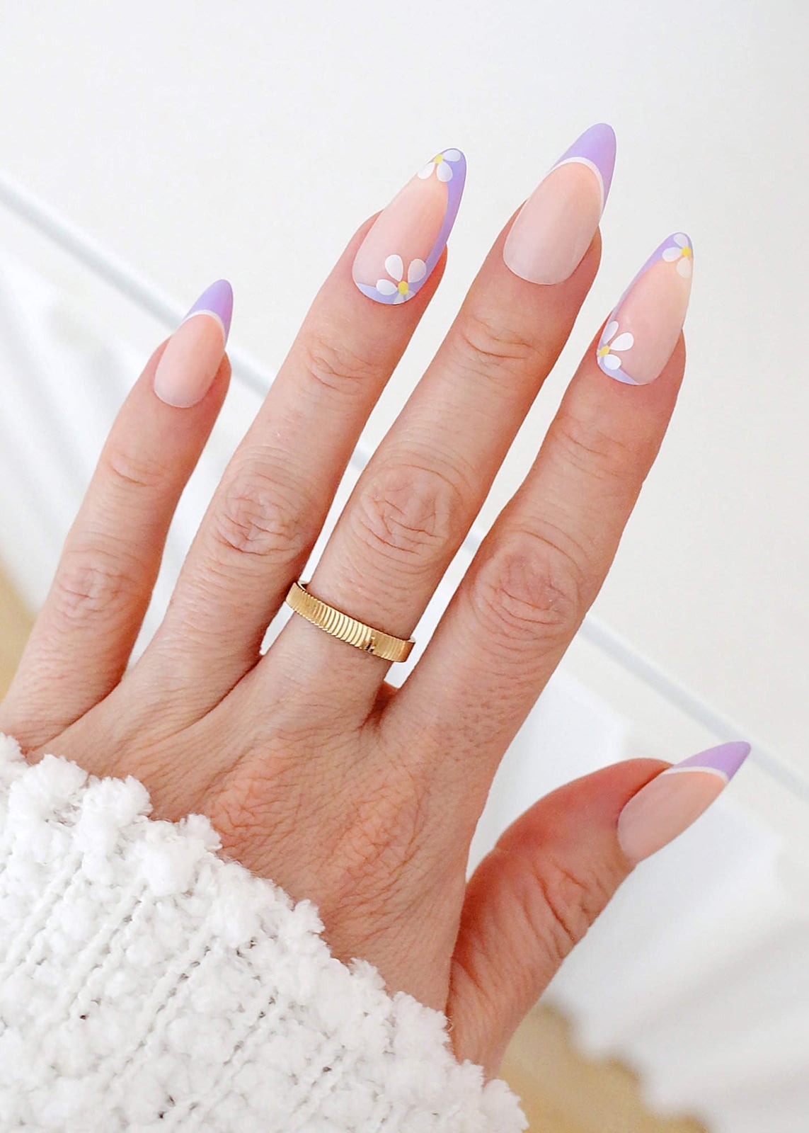Long Almond Lavender Floral French Nails — Cute Nail Art Inspo