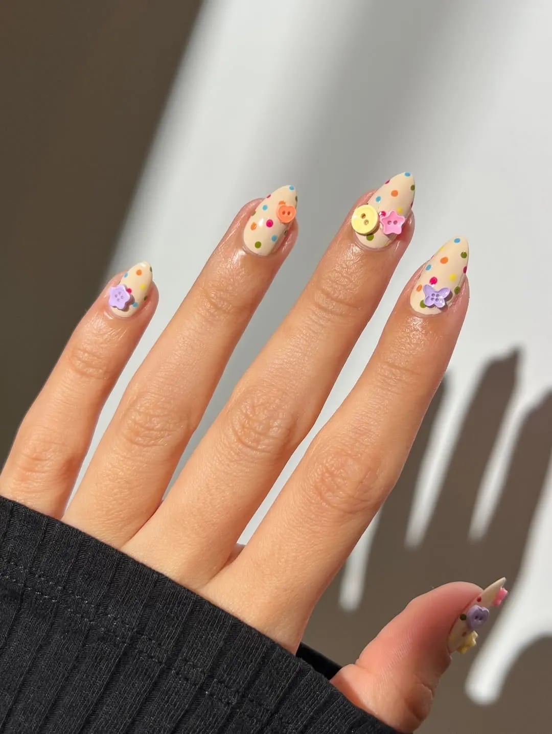 Short Almond Beige 3D Button Flower Nails — Cute Nail Art Inspo