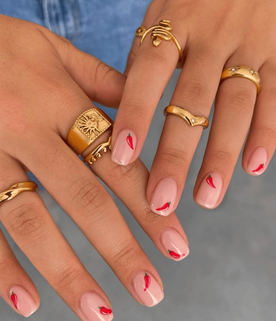 Short Oval Nude Chili Pepper Nails — Cute Nail Art Inspo