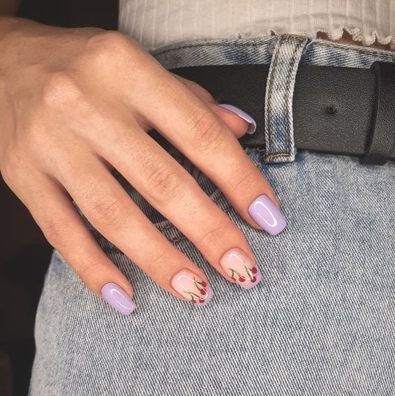 Short Square Purple Cherry Nails — Cute Nail Art Inspo