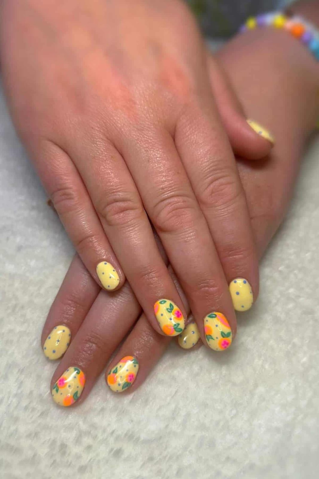 Short Square Yellow Floral Polka Dot Nails — Cute Nail Art Inspo