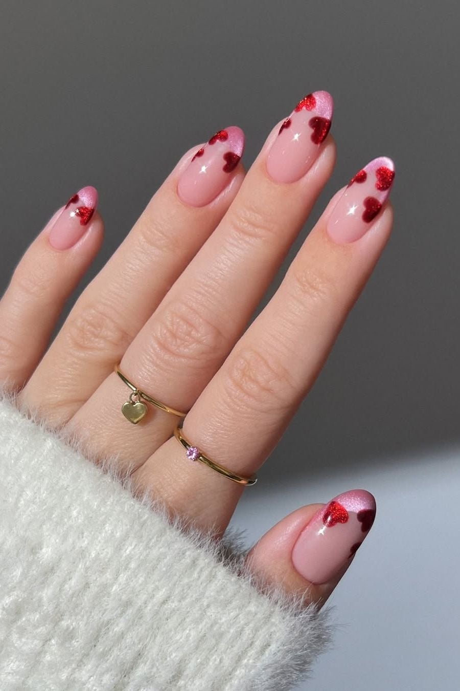 Sheer Pink Glitter Heart Tip Almond Nails — Cute Nail Art Inspo